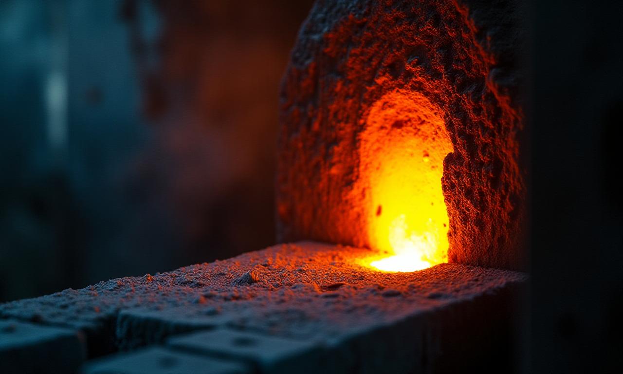 Close up of industrial furnace with molten metal